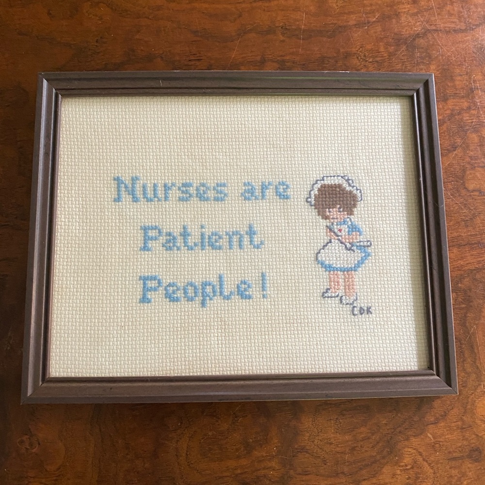 Nurses are Patient People 1970s Vintage Cross-Stitch framed Nursing theme art